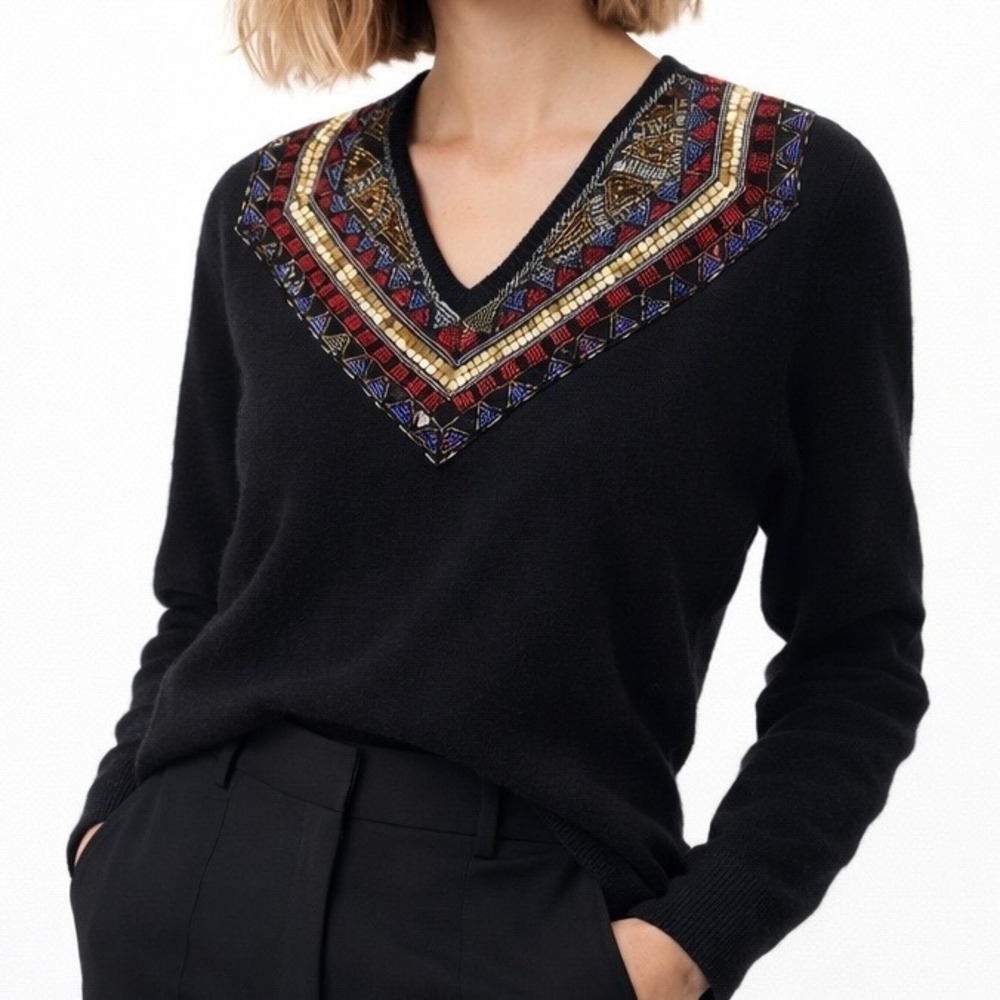 Vtg Anne Klein Womens Vintage Beaded Angora Wool Sweater Small Black Boho‎ Glam